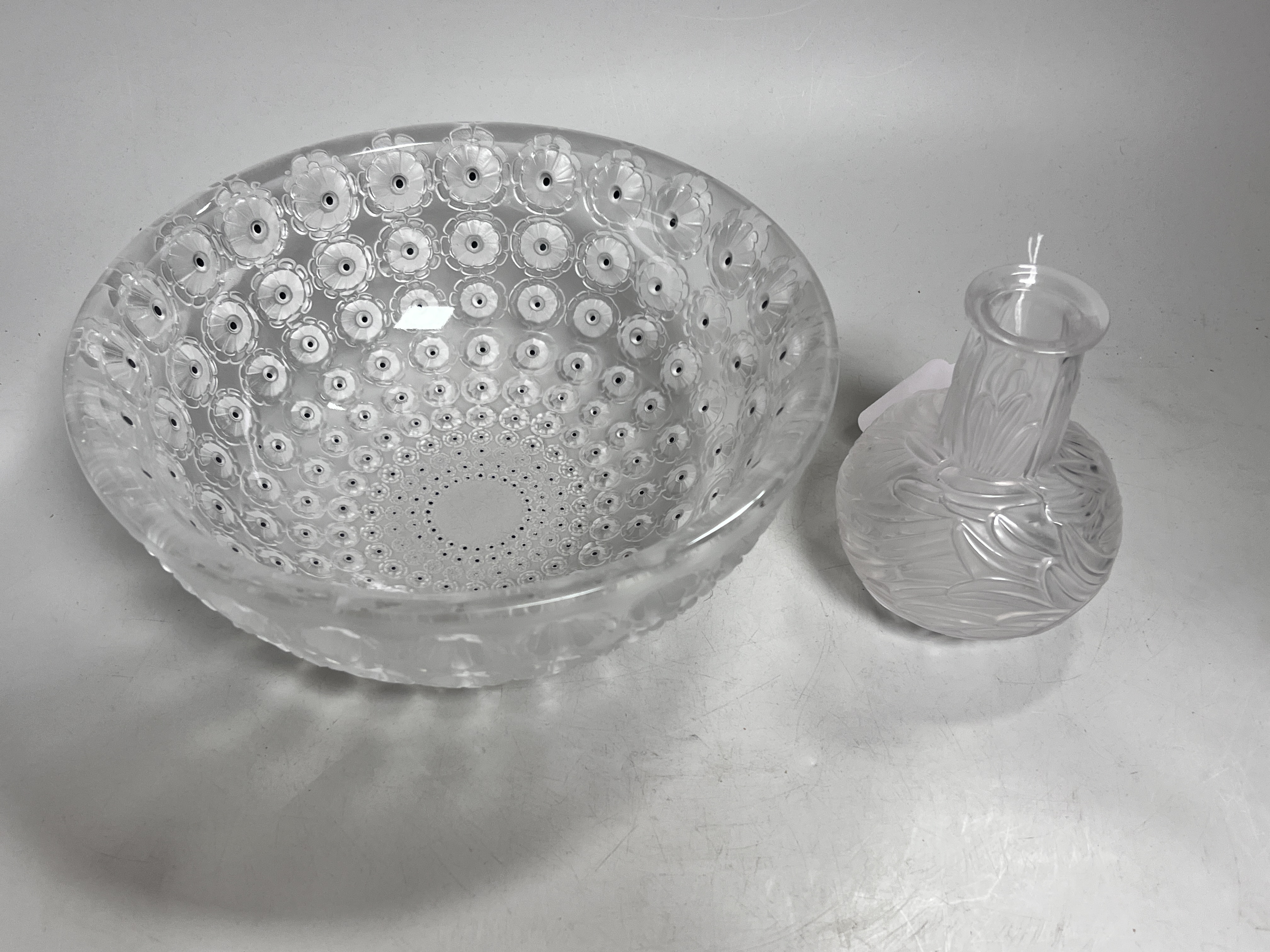 A Lalique 'Nemours' bowl, 25cm diameter and a Lalique vase, 13cm high (2)